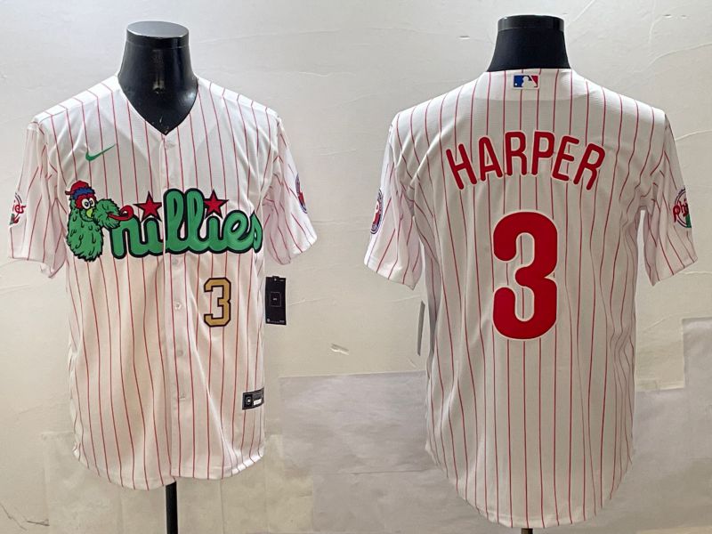 Men Philadelphia Phillies #3 Harper White Stripe Three generations Joint Name Game 2025 Nike MLB Jersey style 2->philadelphia phillies->MLB Jersey